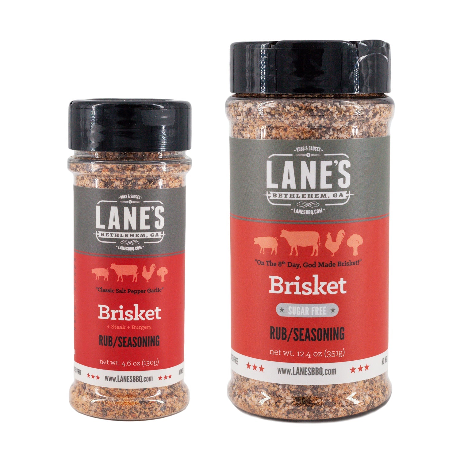 Two jars of Lane's Brisket Rub & Seasoning on a white background