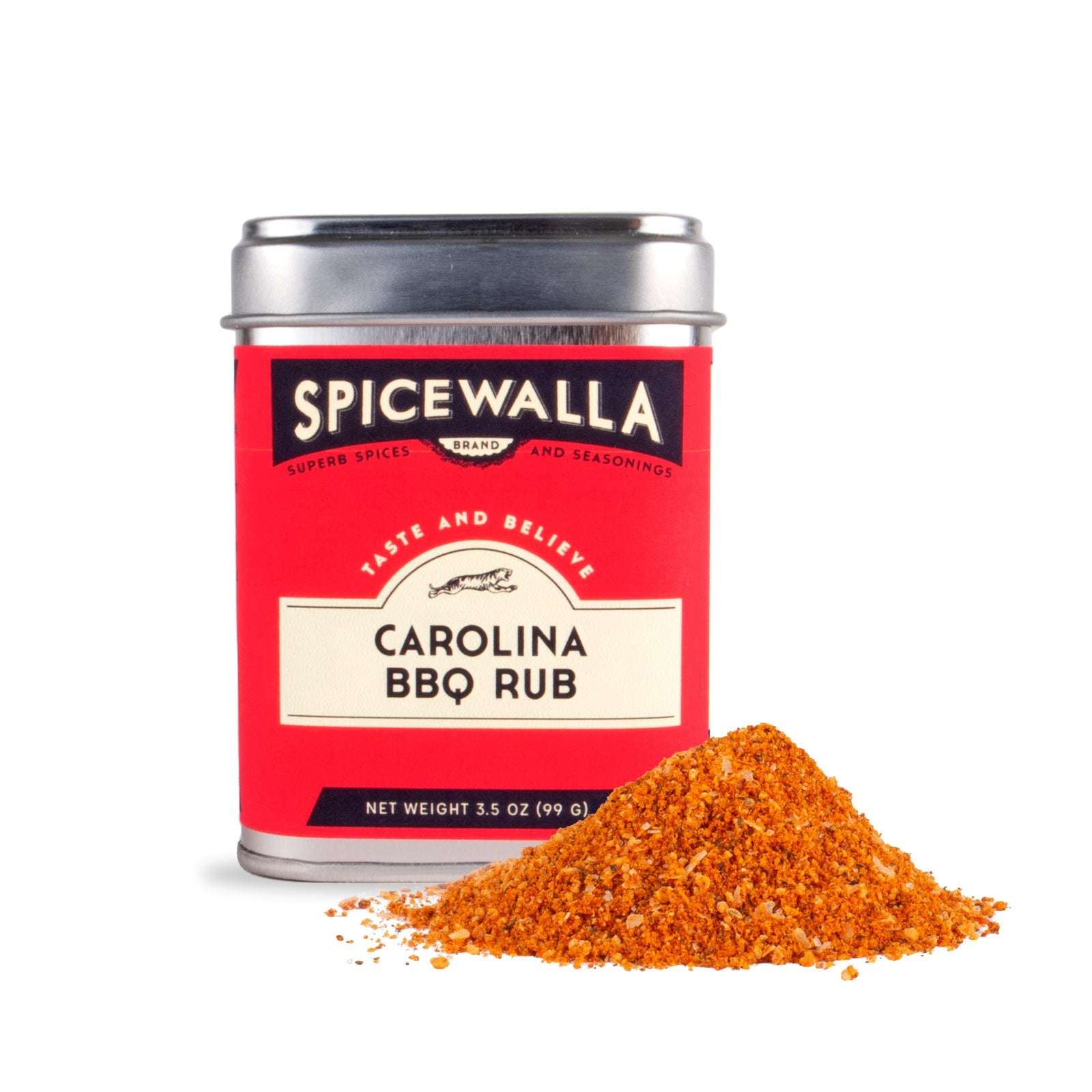 Spicewalla Carolina BBQ Rub can with red label on a white background