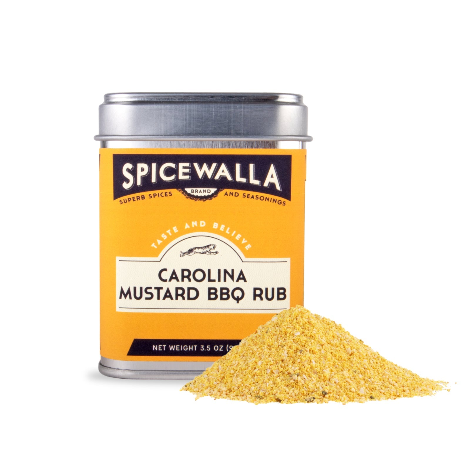 Spicewalla Carolina Mustard BBQ Rub can with yellow powder on a white background