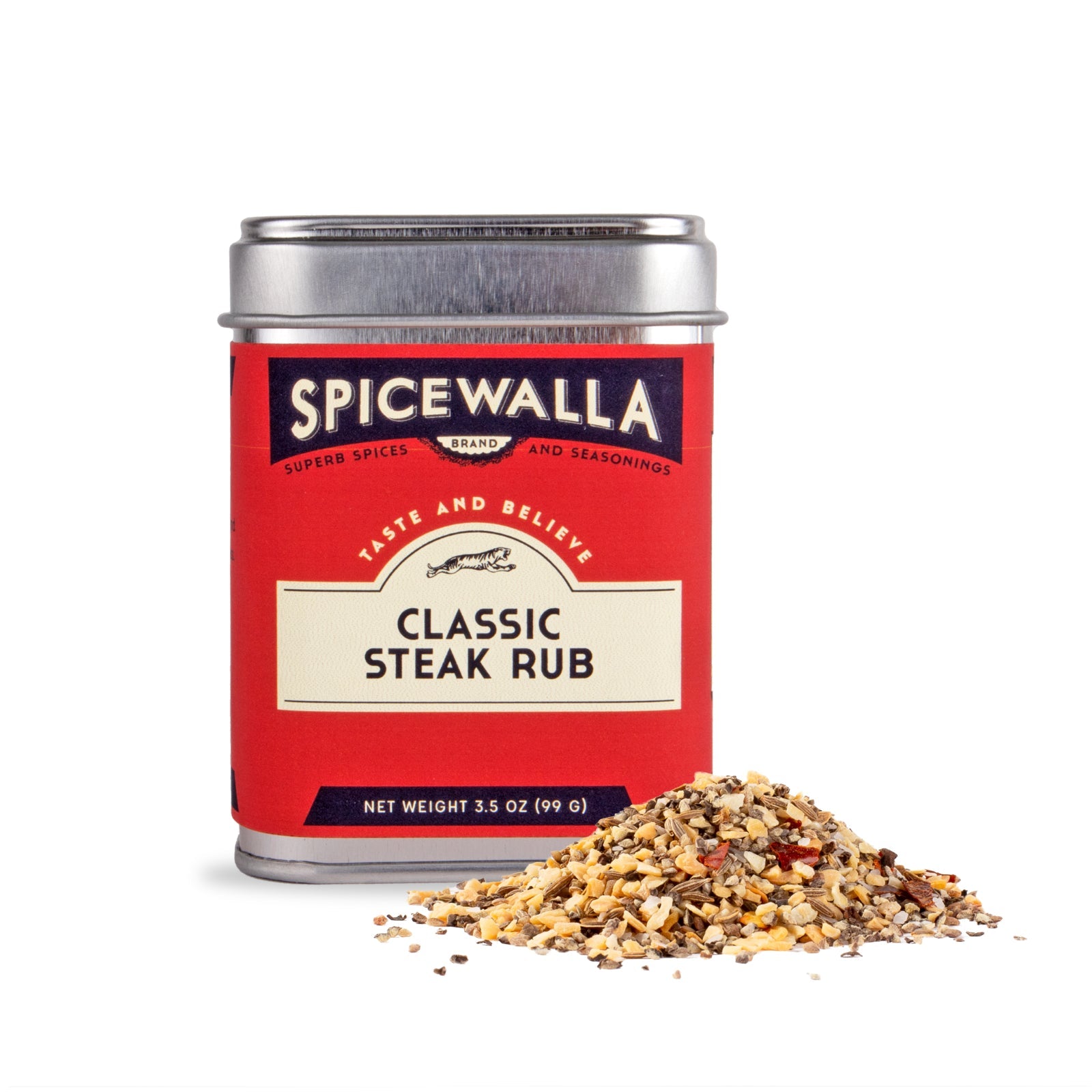 Spicewalla Classic Steak Rub can with spilled blend on a white background