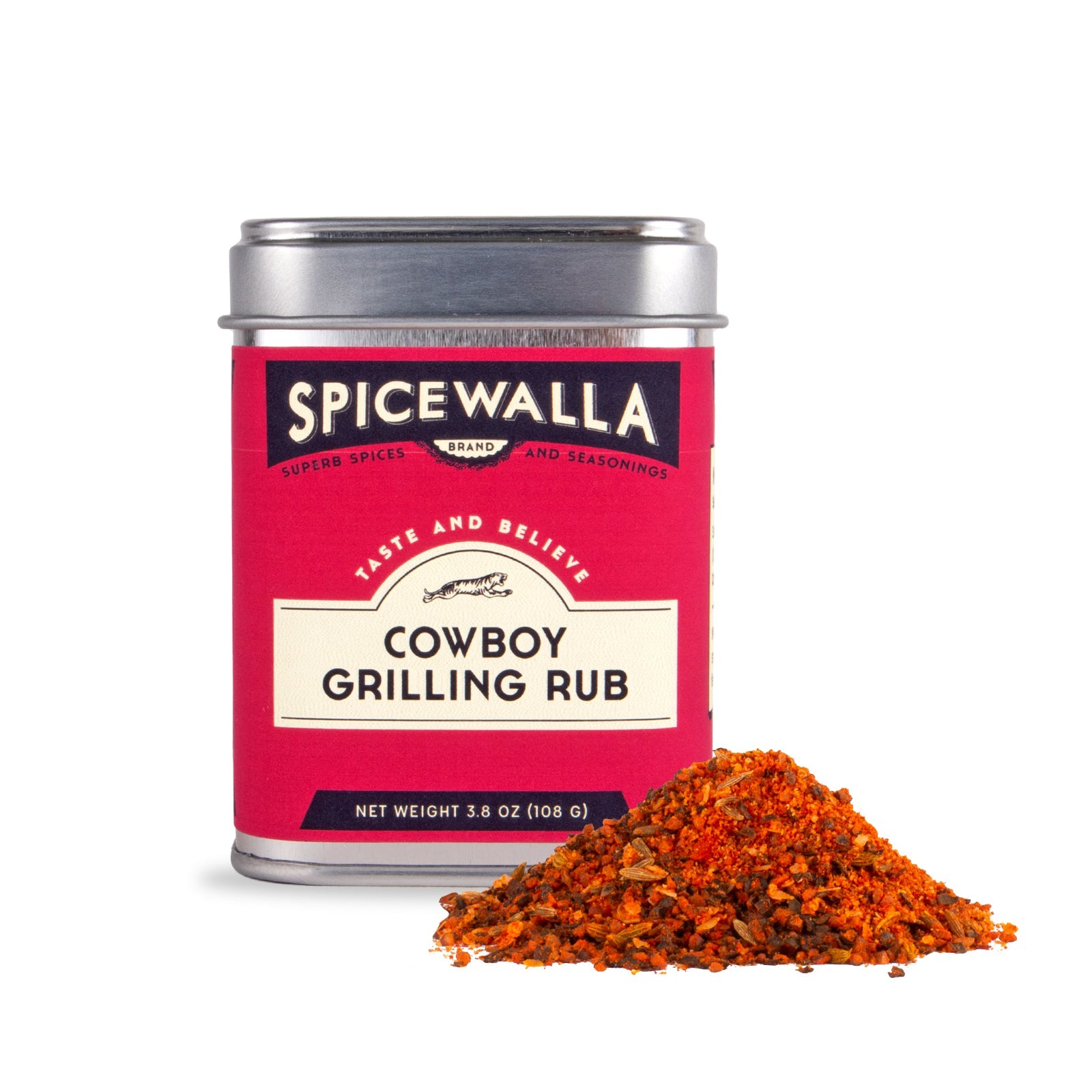 Spicewalla Cowboy Grilling Rub can with red label and pile of rub on white background