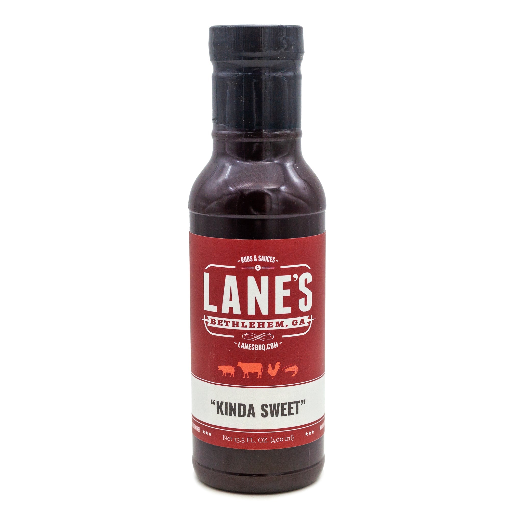 Bottle of Lane's Kinda Sweet sauce on a white background