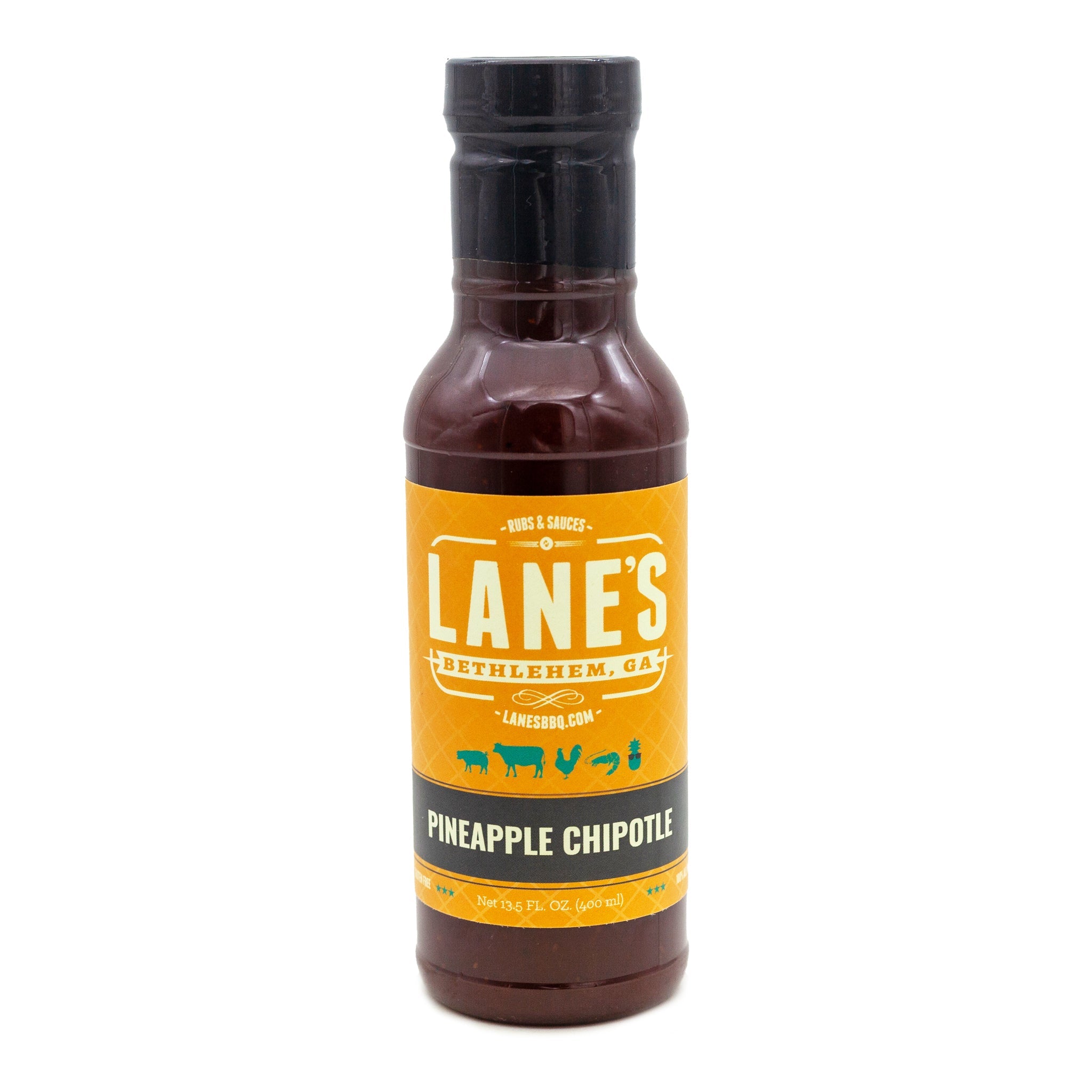 Bottle of Lane's Pineapple Chipotle sauce on a white background