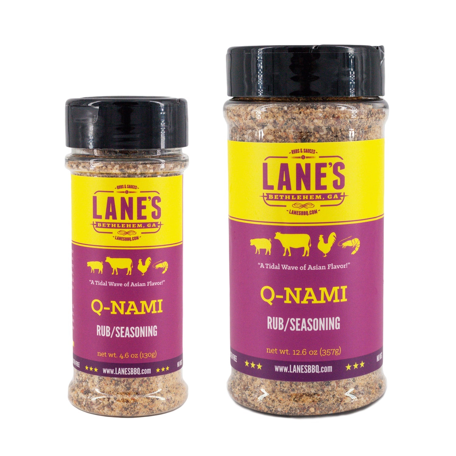 Two bottles of Lane's Q-Nami rub/seasoning on a white background