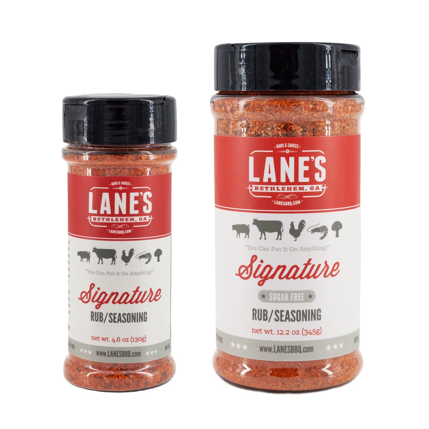Two bottles of Lane's Signature Rub & Seasoning on a white background