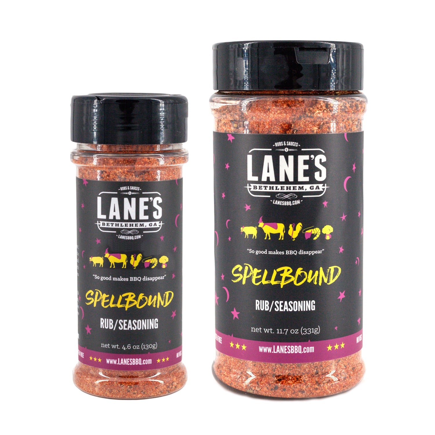 Two jars of Lane's Spellbound Rub & Seasoning on a white background