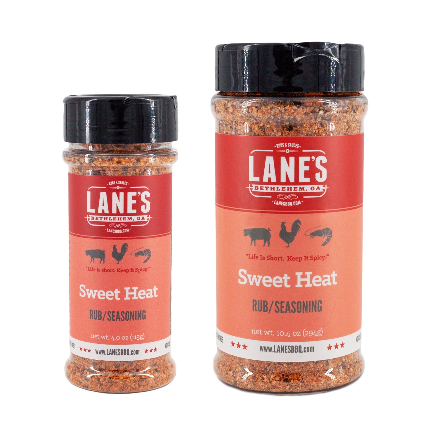 Two bottles of Lane's Sweet Heat seasoning on a white background